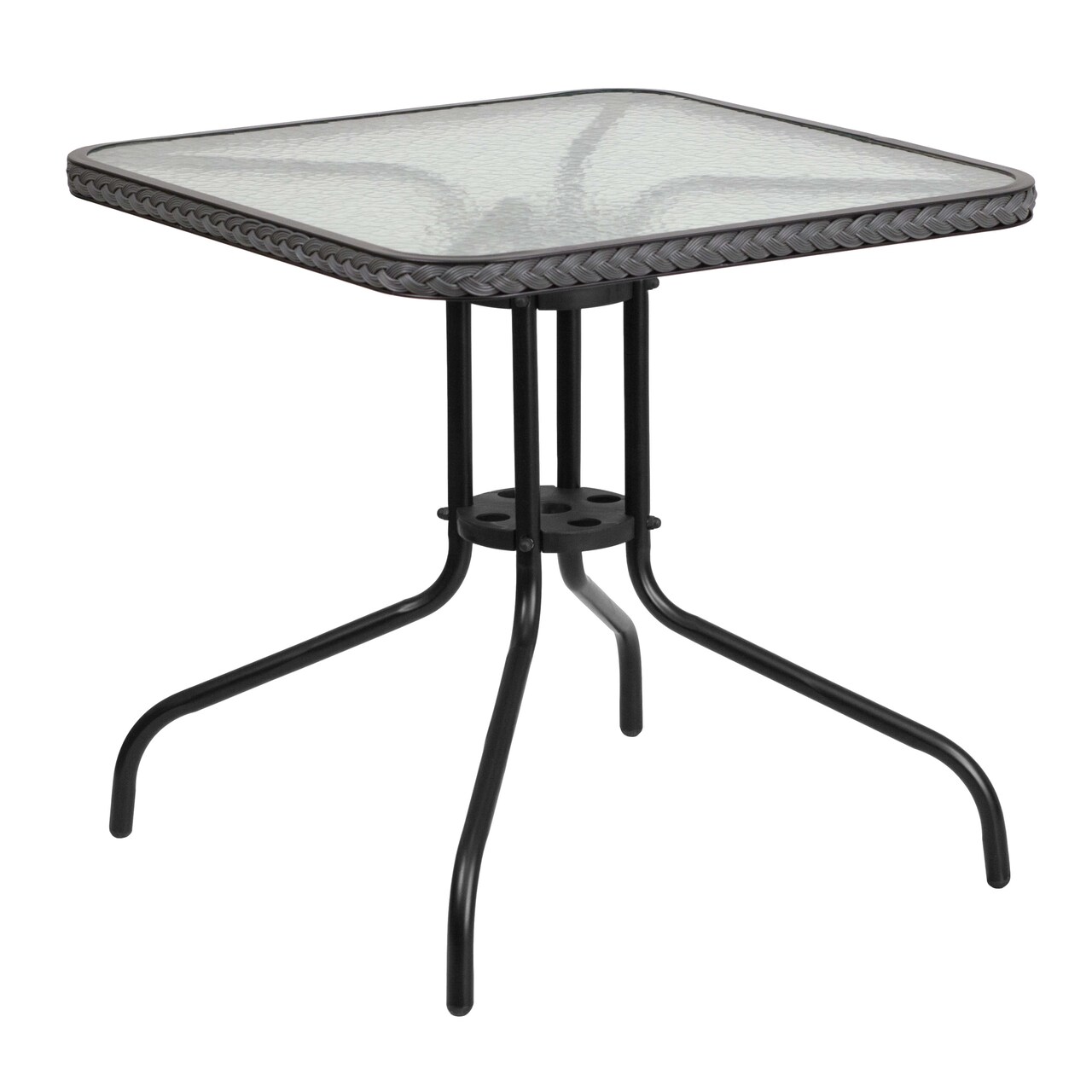 Emma and Oliver 28" Square Tempered Glass Metal Table with Rattan Edging